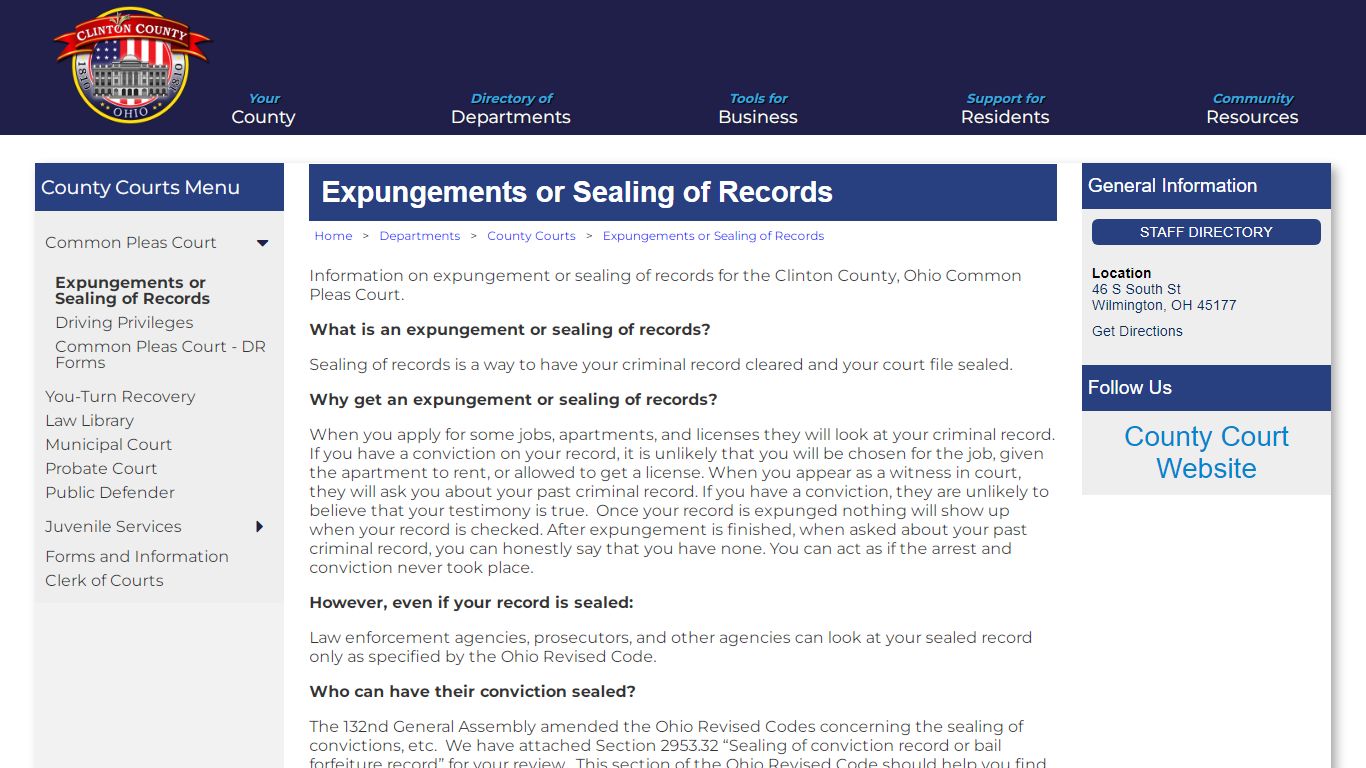 Expungements or Sealing of Records - Clinton County, Ohio